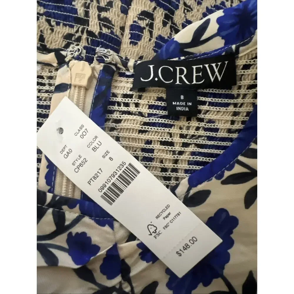 New J.Crew Size 8 Veranda shirt Ruched Smocked Blue Floral Puff Sleeves Satin i6